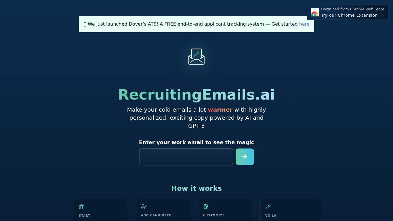 Recruiting Email Writer by Dover Landing page