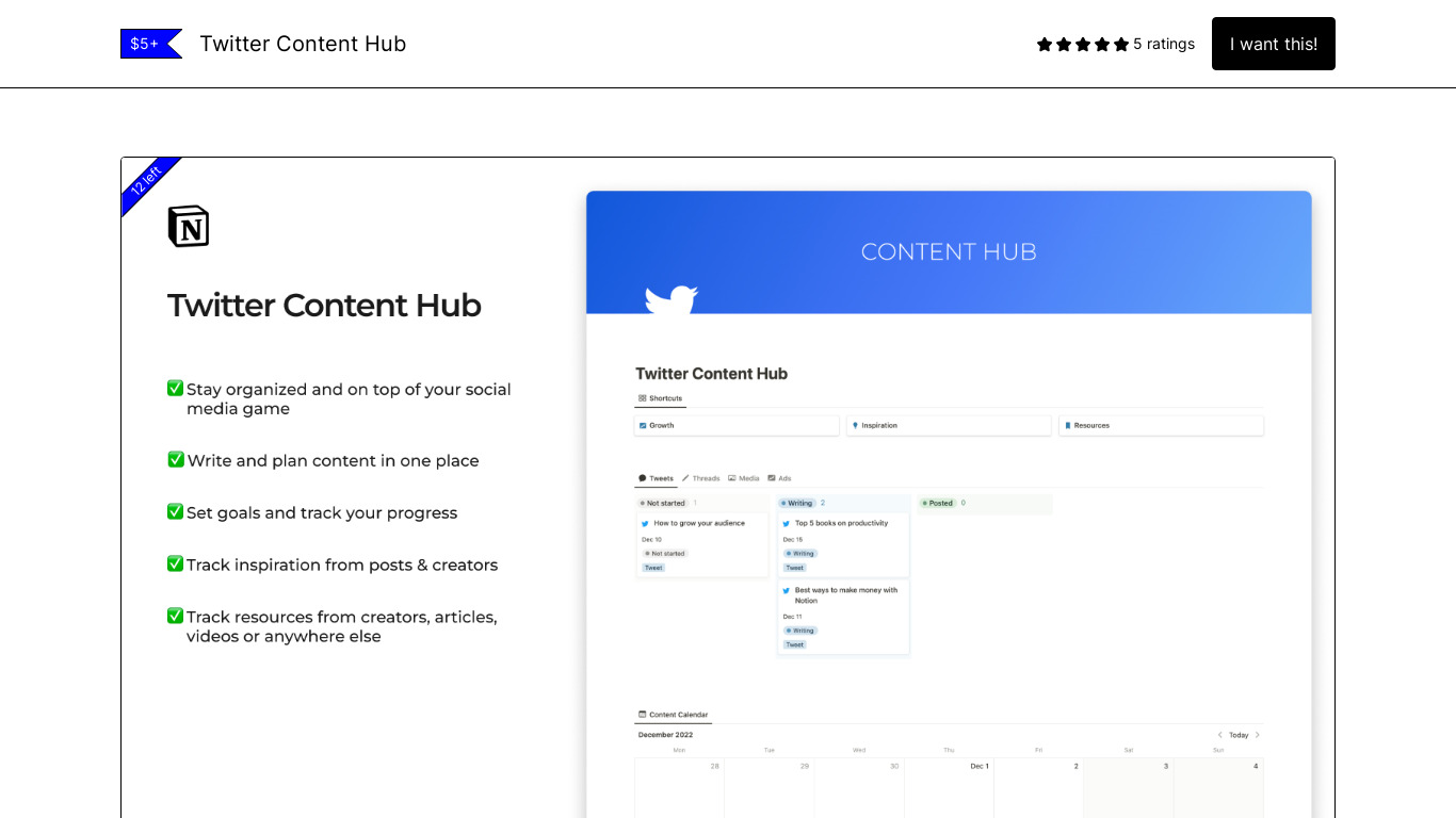 Twitter Content Hub Notion dashboard Landing page