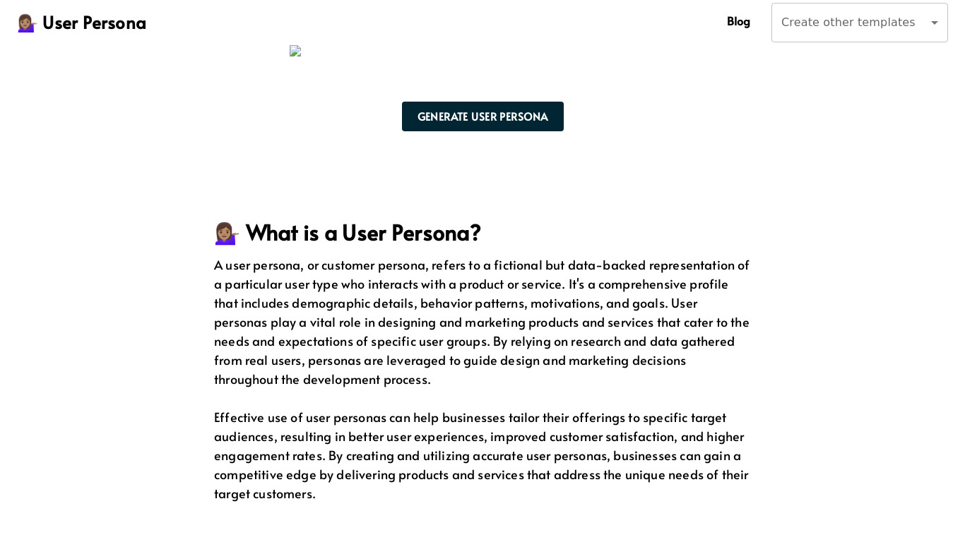 User Persona Landing page