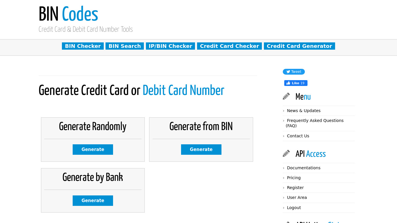 BIN Codes Generate Credit Card Landing page