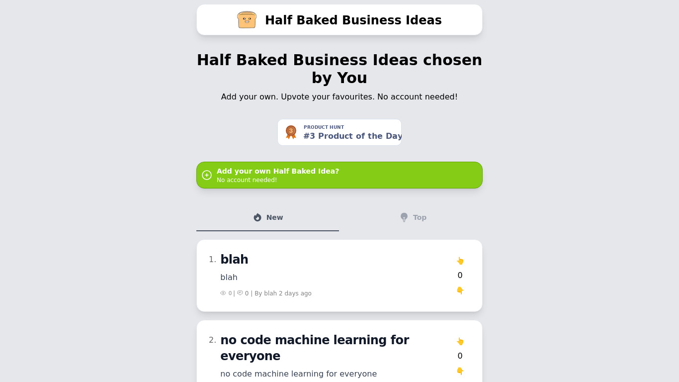 Half Baked Business Ideas Landing page