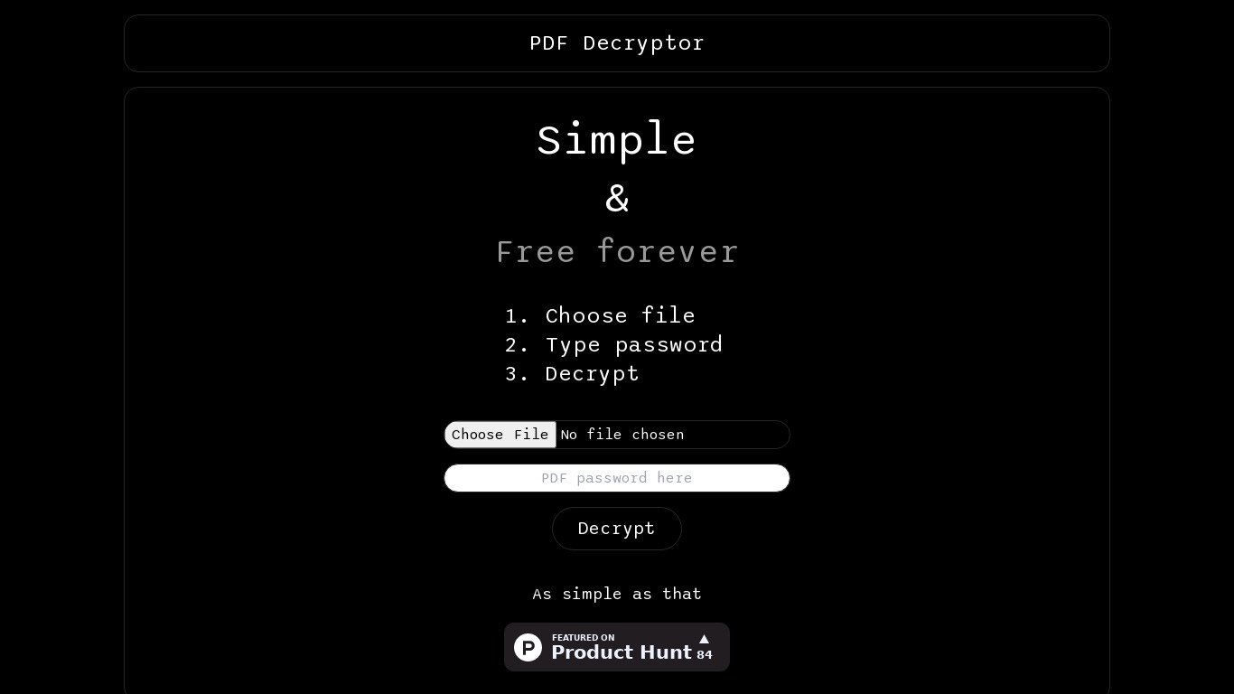 PDF Decryptor Landing page
