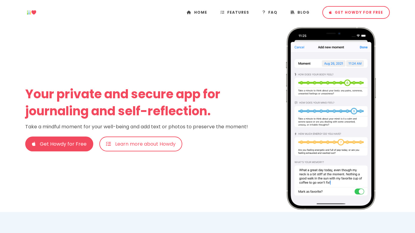 Howdy: Journaling & Reflection Landing page