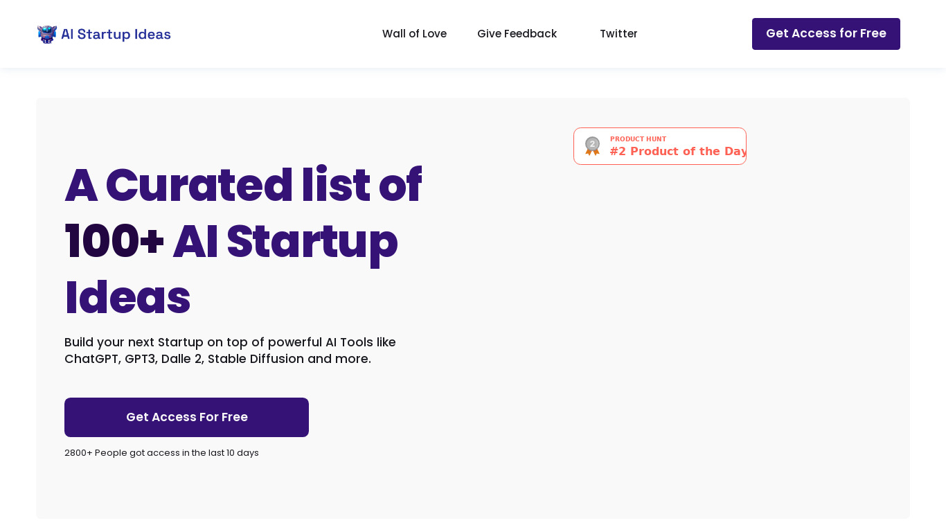 100+ AI Startup Ideas Landing page
