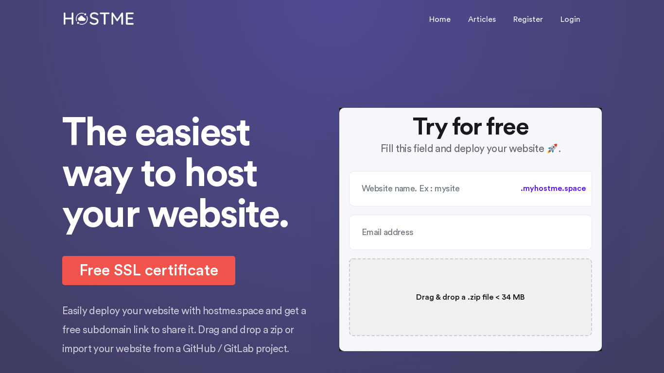 Hostme Space Landing page