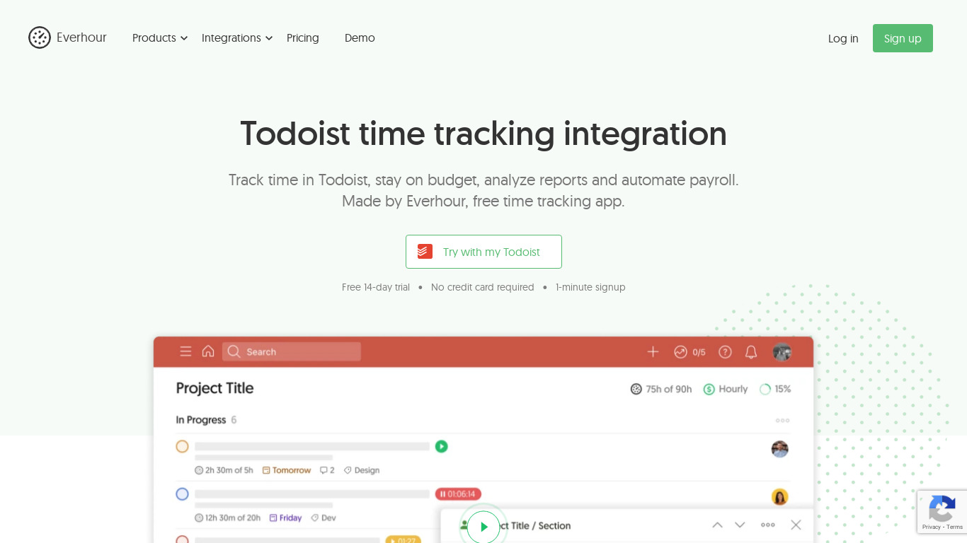 Todoist Time Tracking by Everhour Landing page