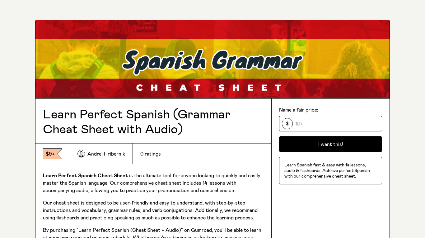 Learn Spanish (English) Cheat Sheet Landing page