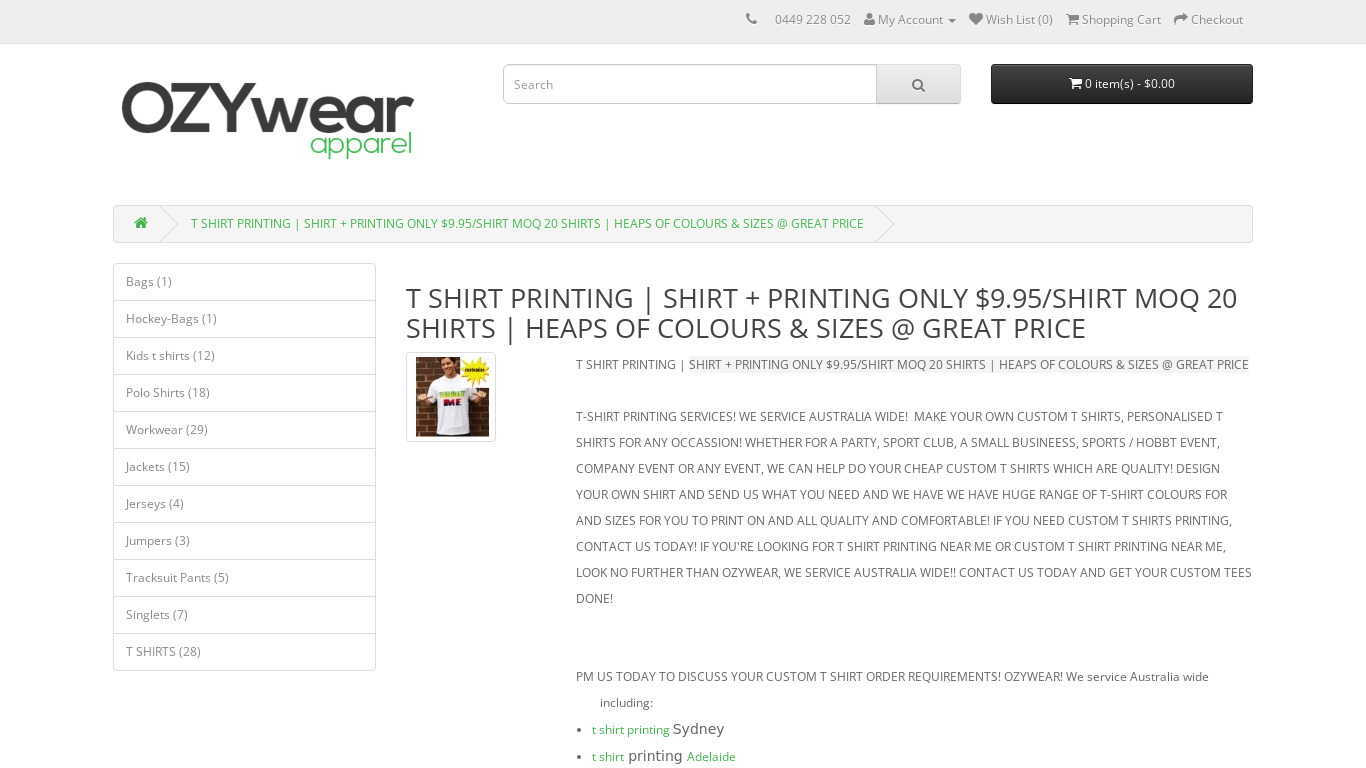 ozywear.com.au T shirt Printing Landing page