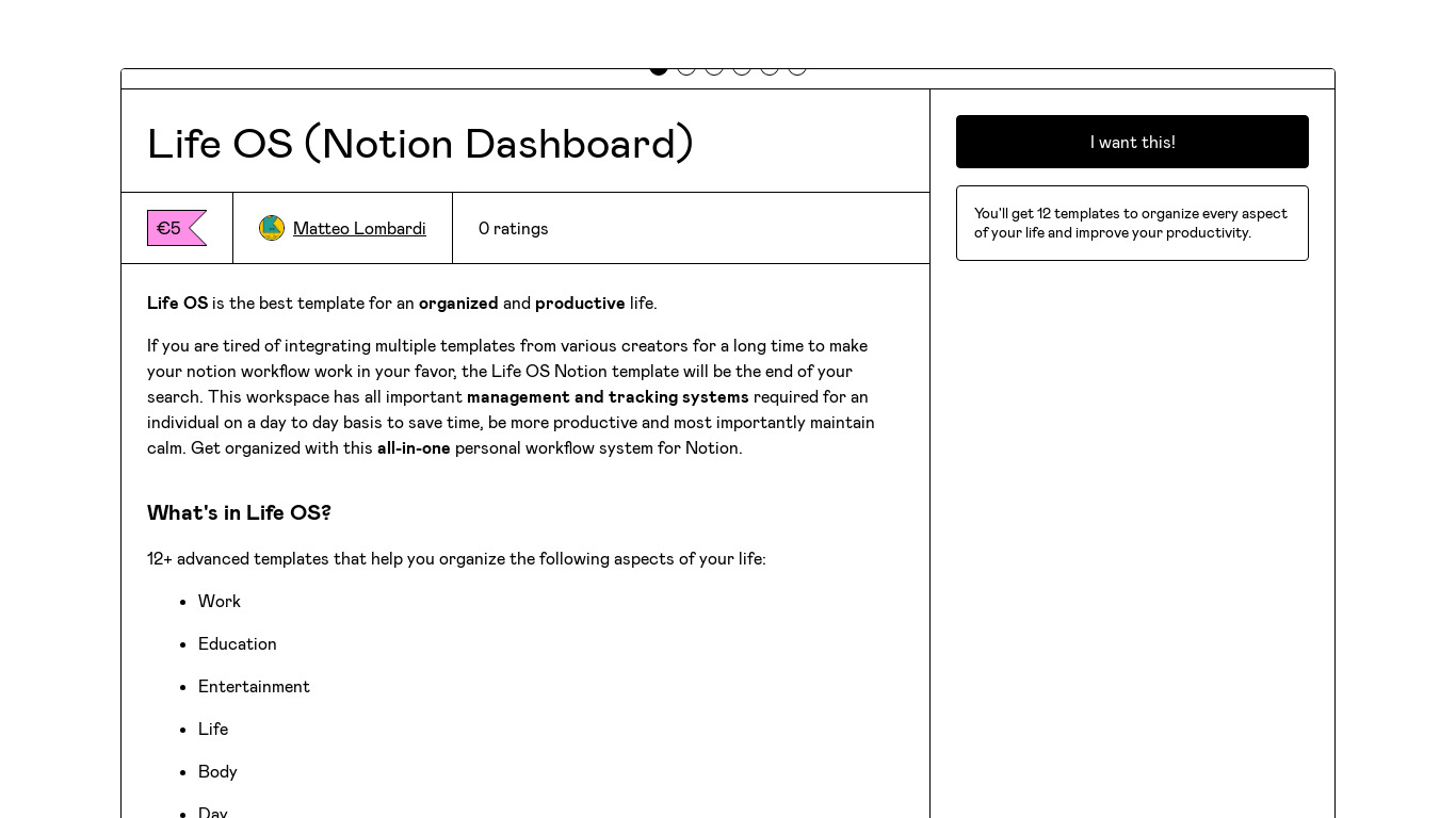 Life OS (Notion Dashboard) Landing page