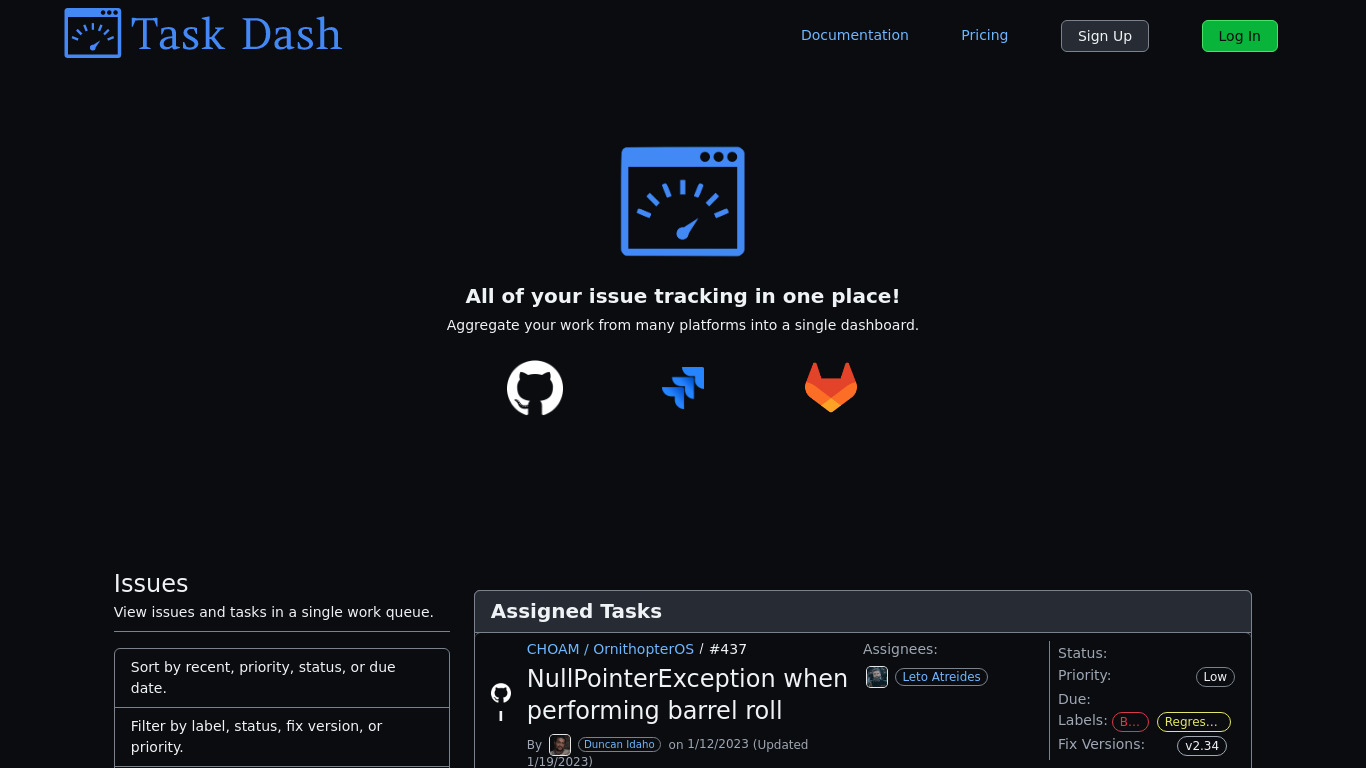 Task Dash Landing page