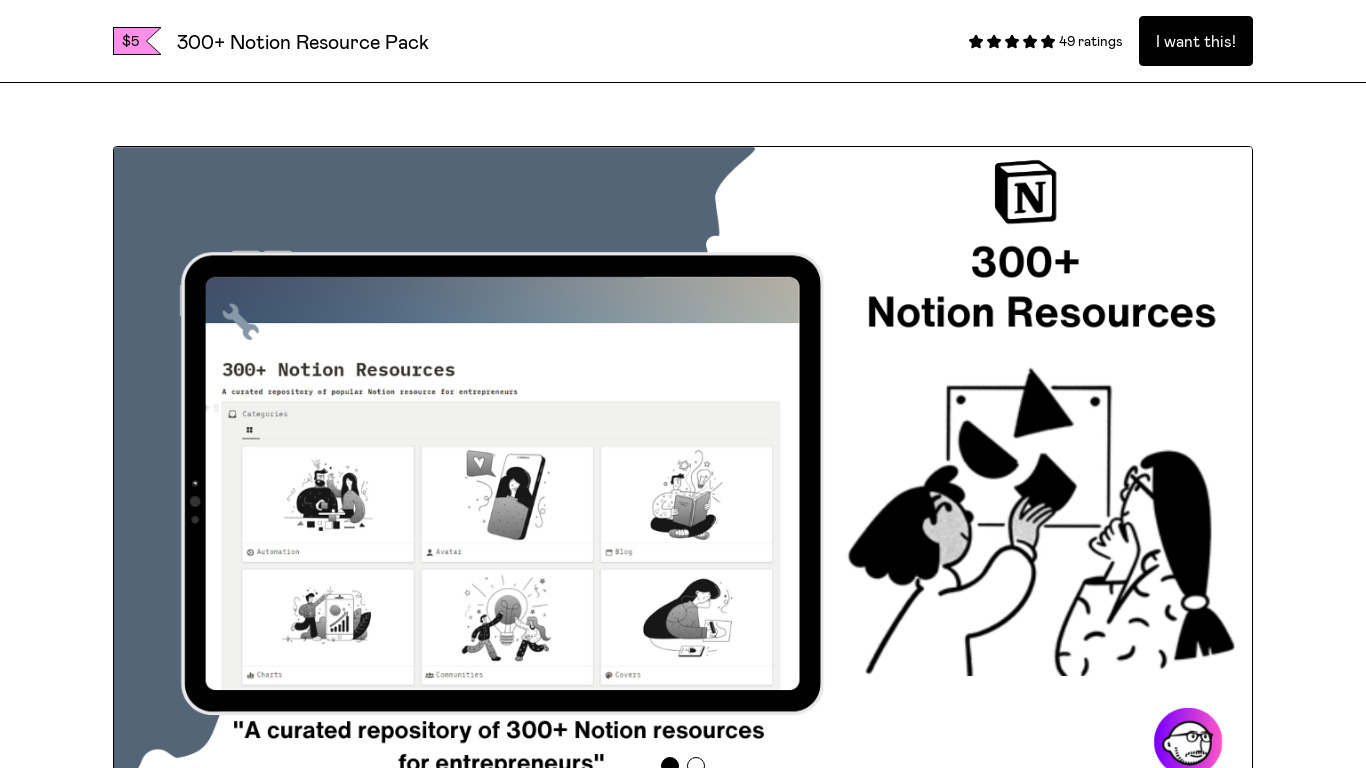 300+ Notion Resources Pack Landing page