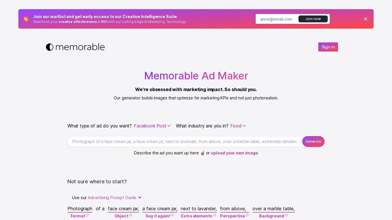 Memorable Ad Maker Landing page