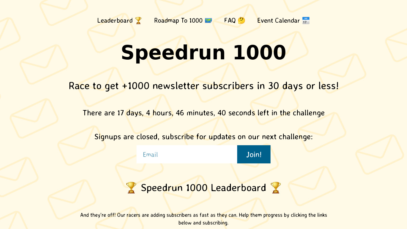 Speedrun 1000 Landing page