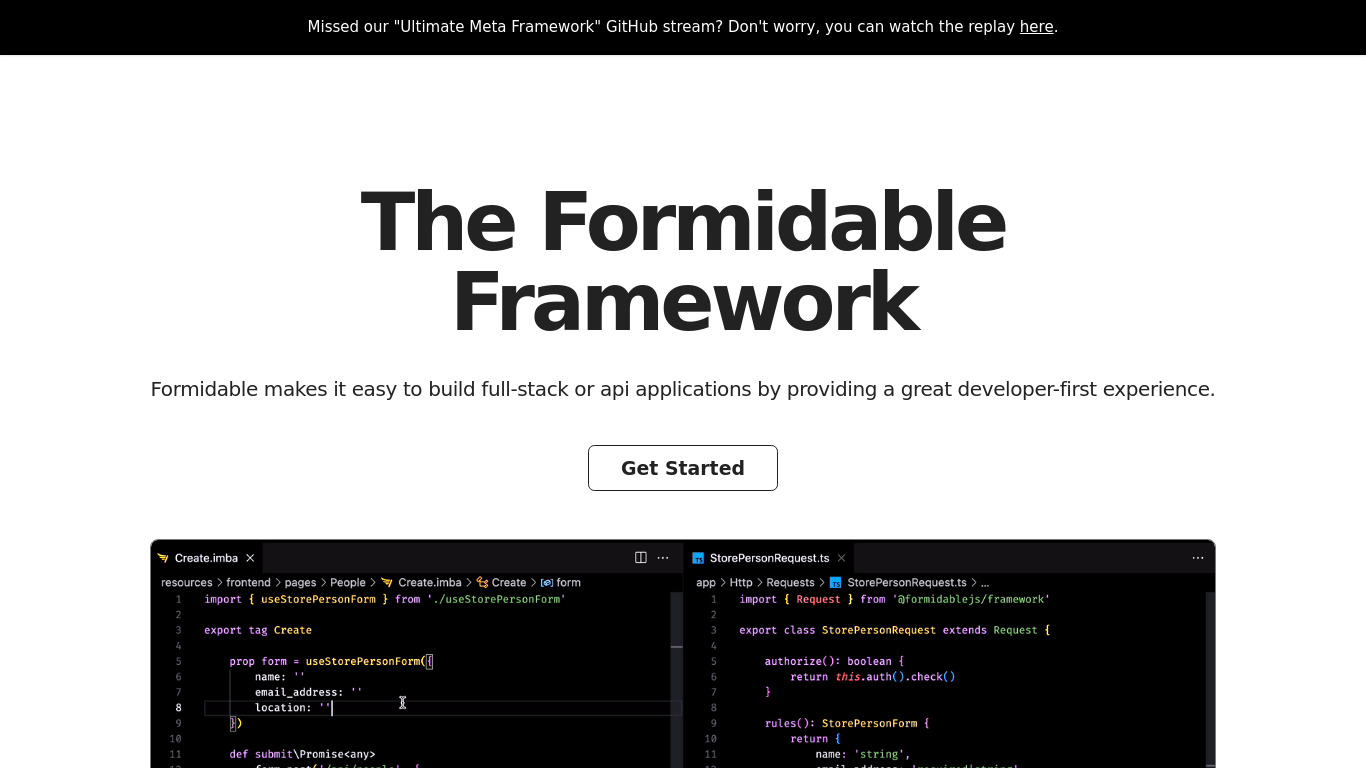 The Formidable Framework Landing page