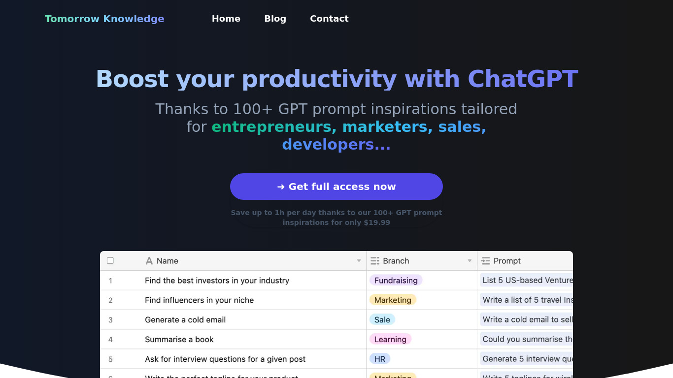 ChatGPT Prompts Landing page