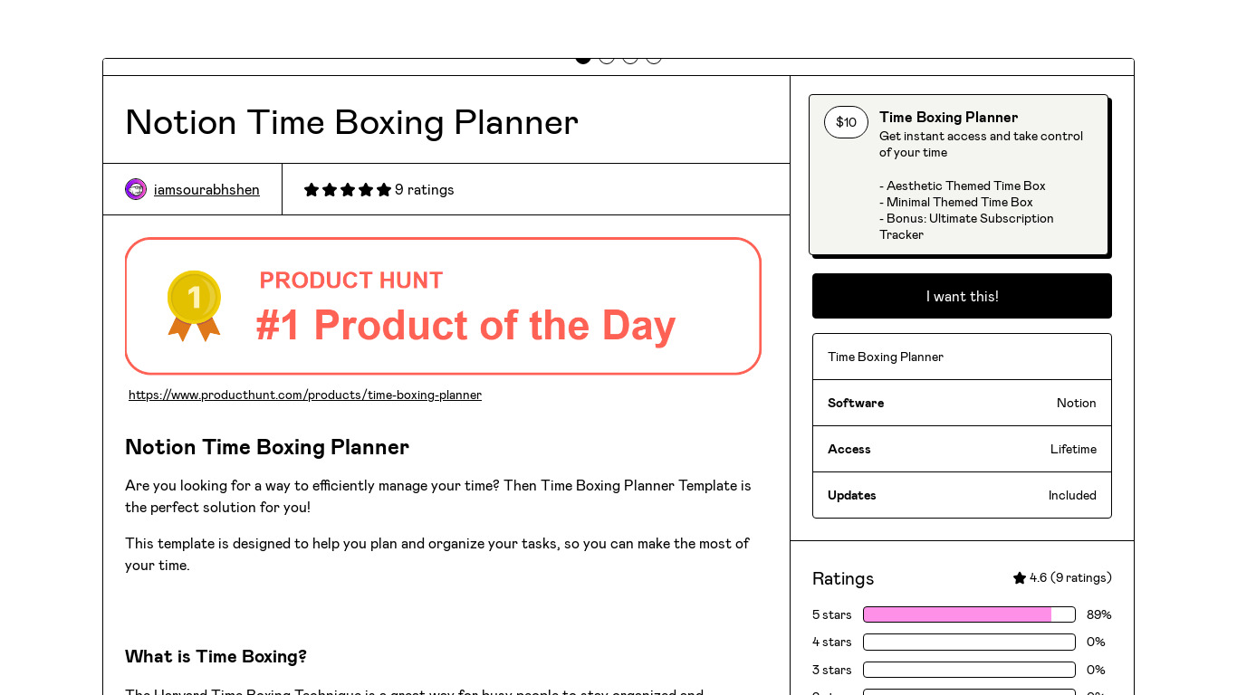 Time Boxing Planner Landing page