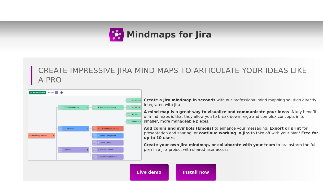 Emergence Mindmaps for Jira Landing page