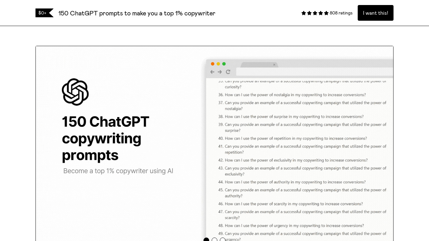 150 ChatGPT Copywriting Prompt Bundle Landing page