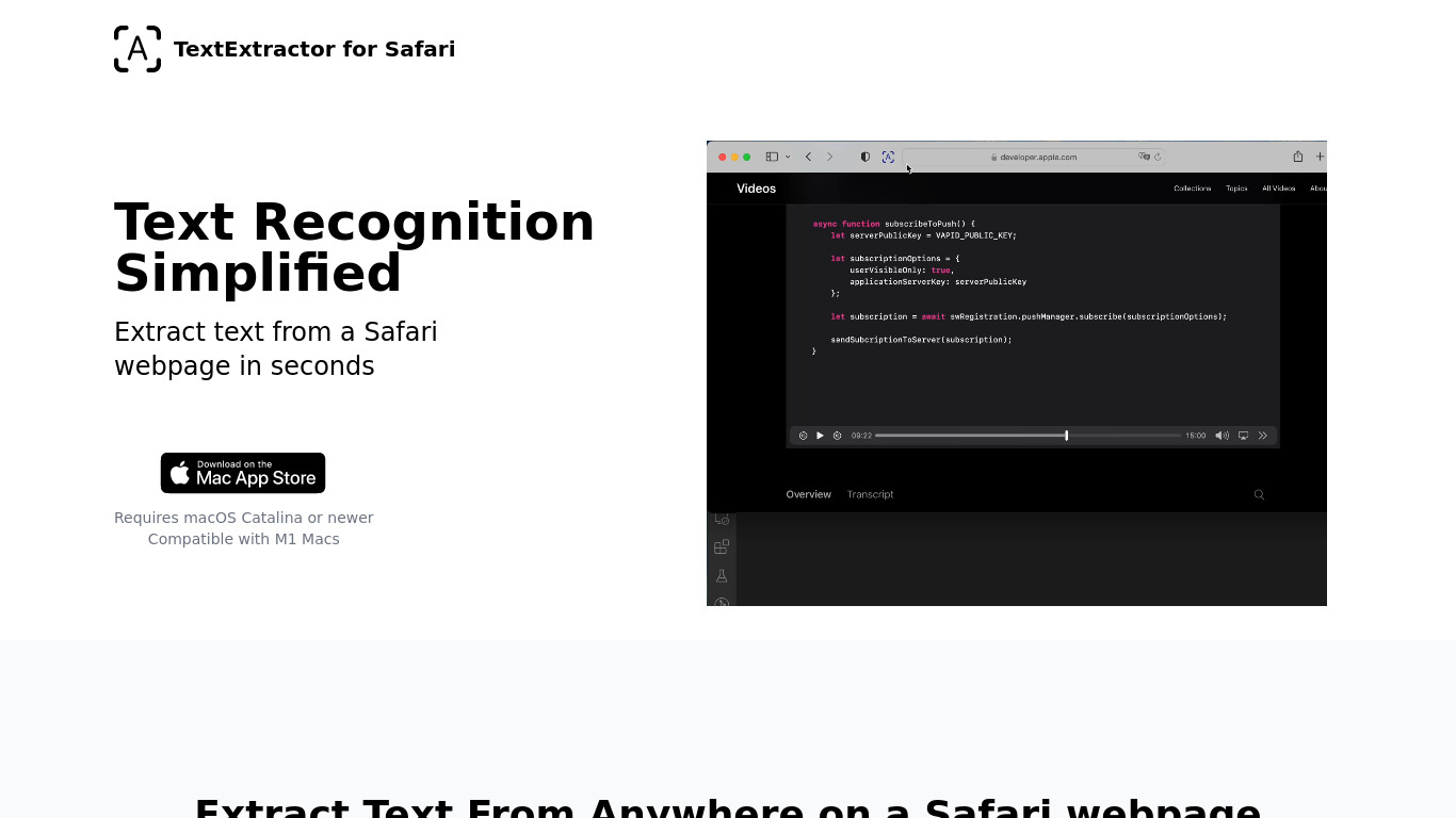 TextExtractor for Safari Landing page