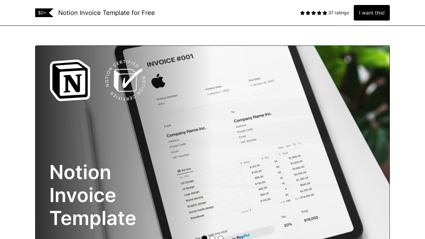 Notion Invoice Template for Free Landing page