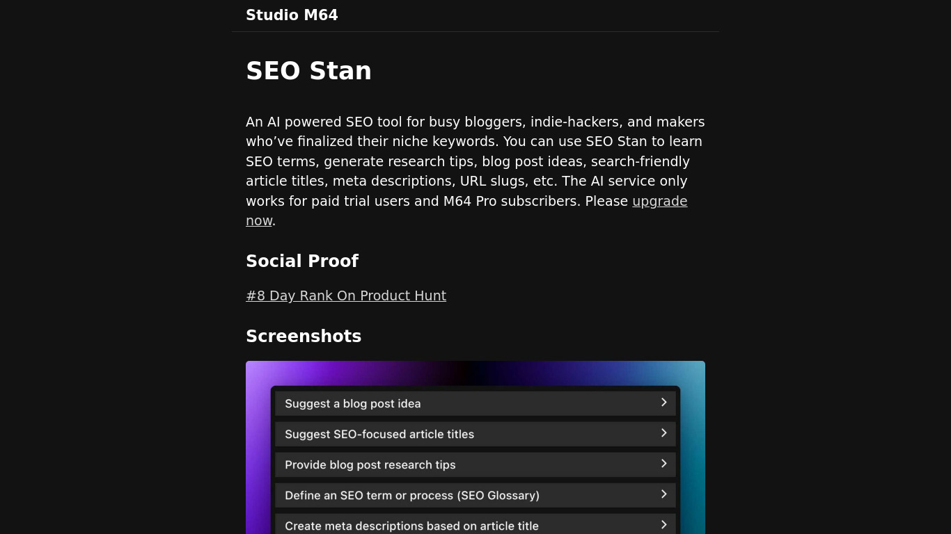 SEO Stan Landing page