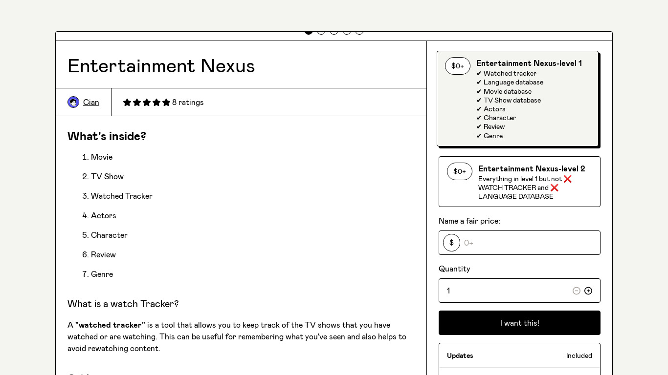 cianara.gumroad.com Entertainment Nexus Landing page