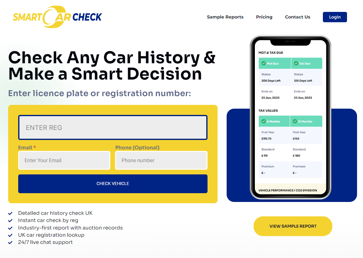 Smart Car Check Landing page