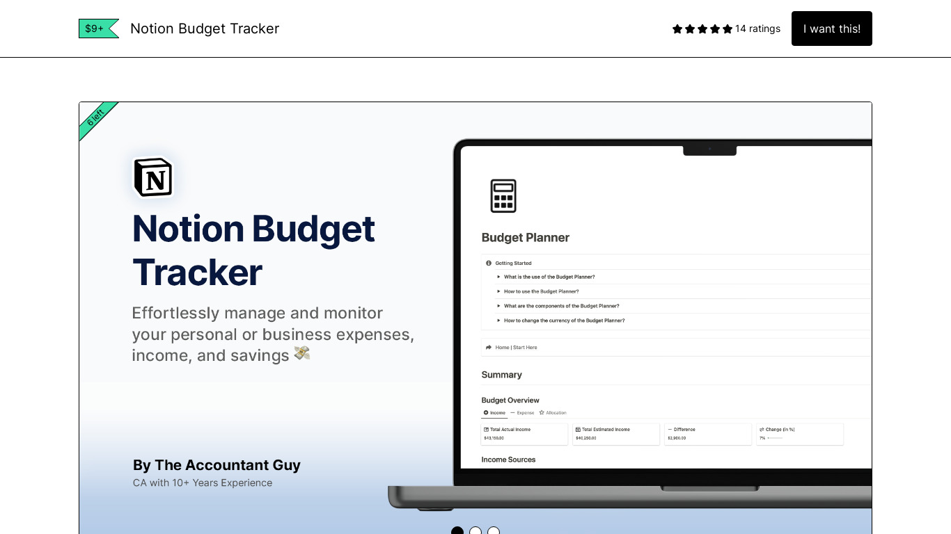 Notion Budget Tracker Landing page