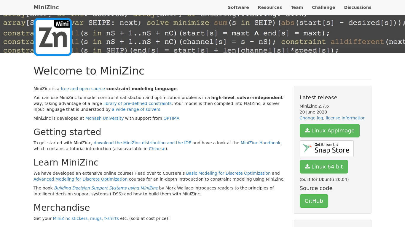 MiniZinc Landing page
