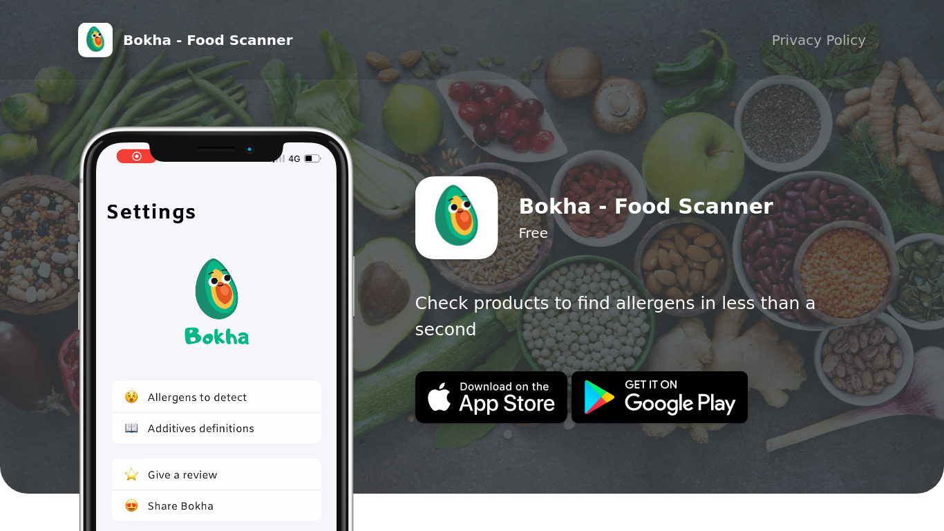 Bokha - Food Scanner Landing page