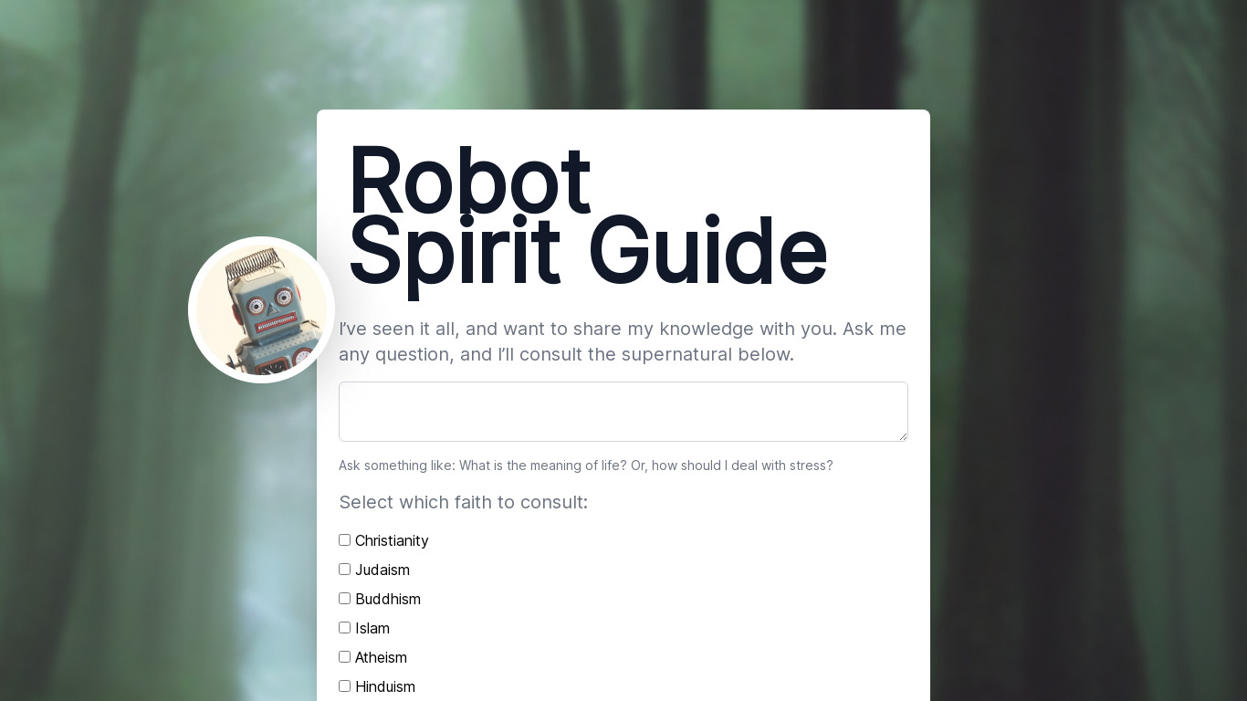 Robot Spirit Guide Landing page