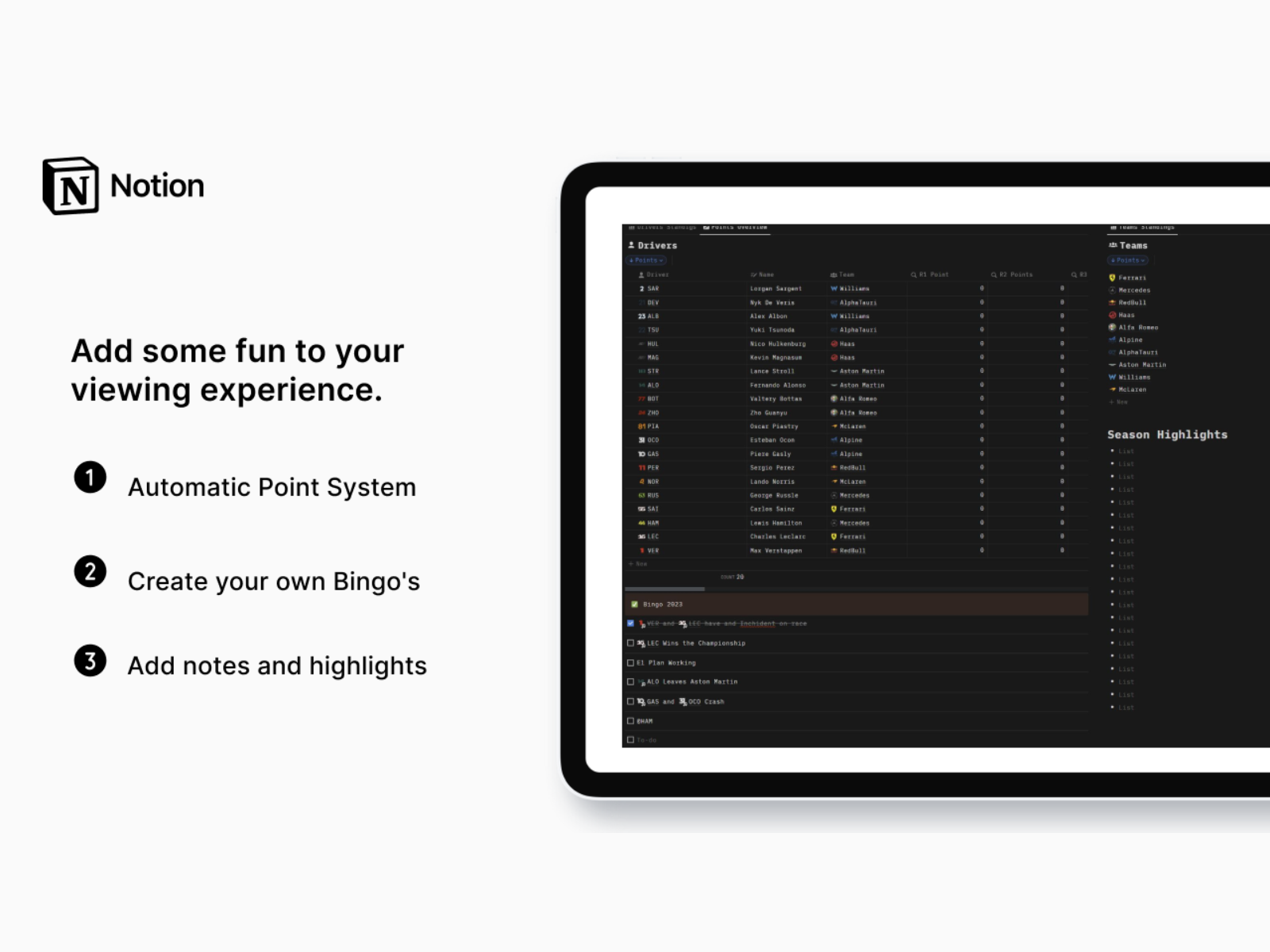 F1 2023 Journal Notion Template Landing page