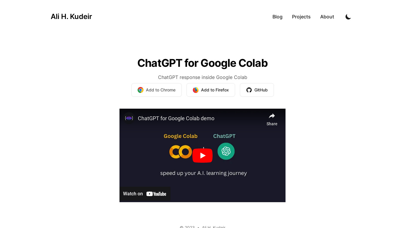 ChatGPT for Google Colab Landing page
