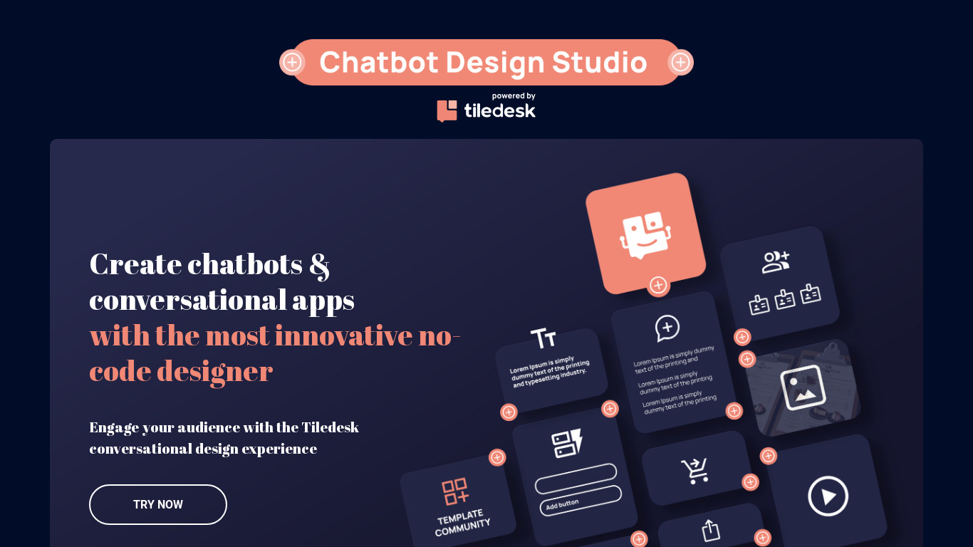 Chatbot Design Studio by Tiledesk Landing page