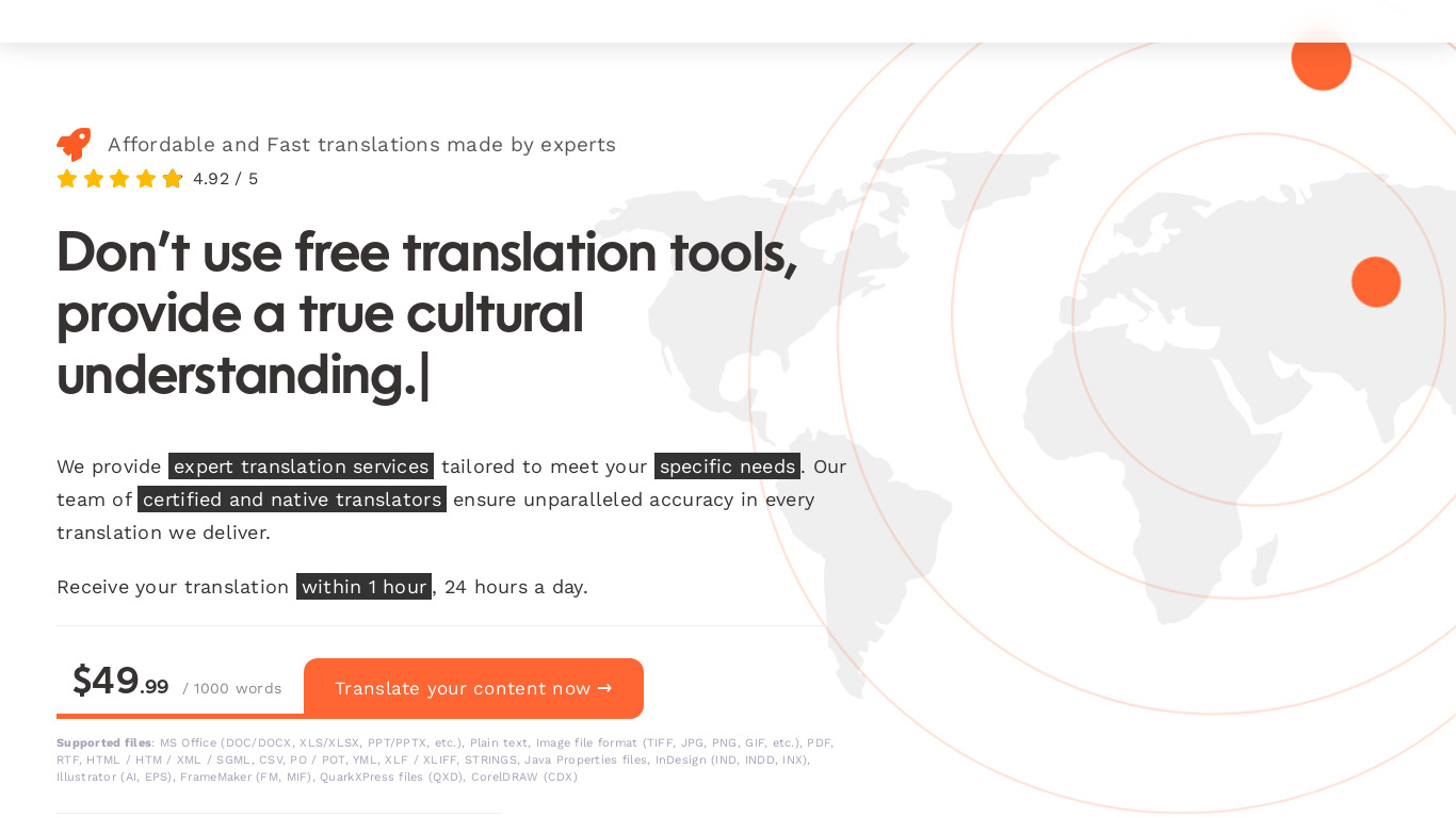 RiseTranslate Landing page