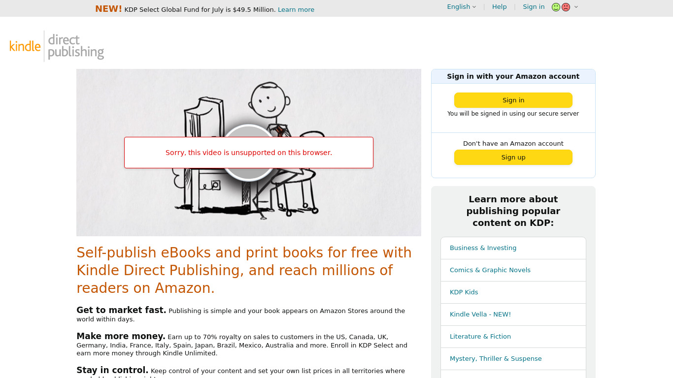 Amazon Kindle Direct Publishing Landing page