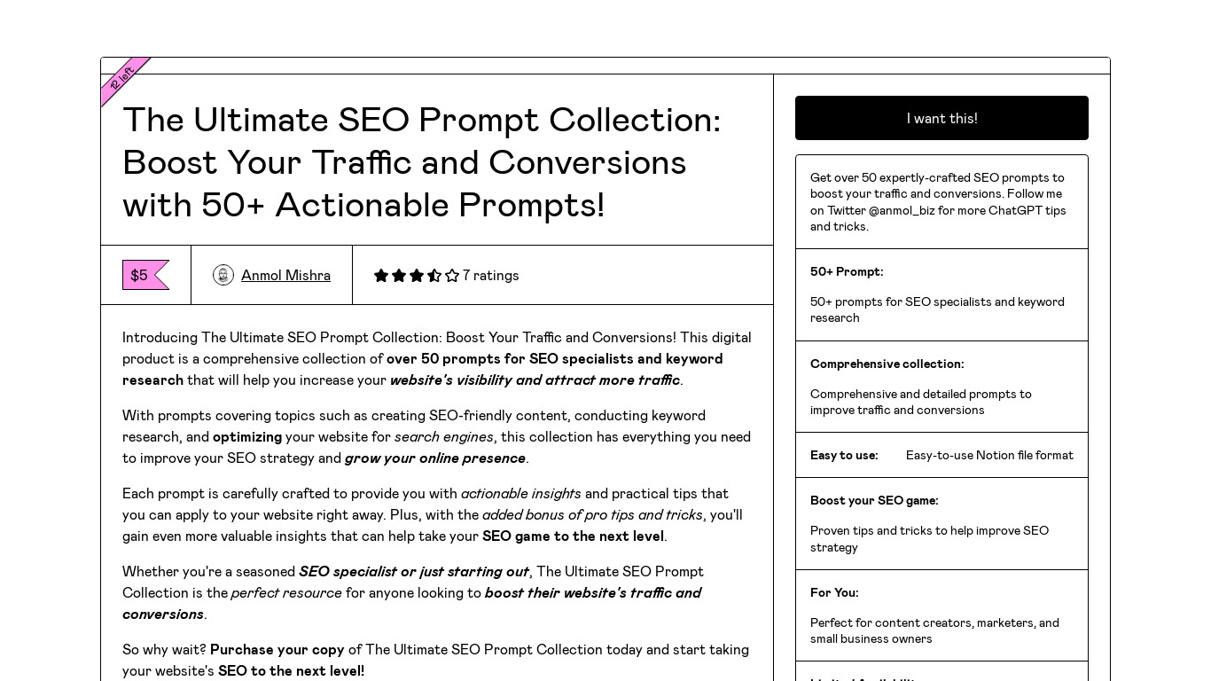 The Ultimate SEO Prompt Collection Landing page
