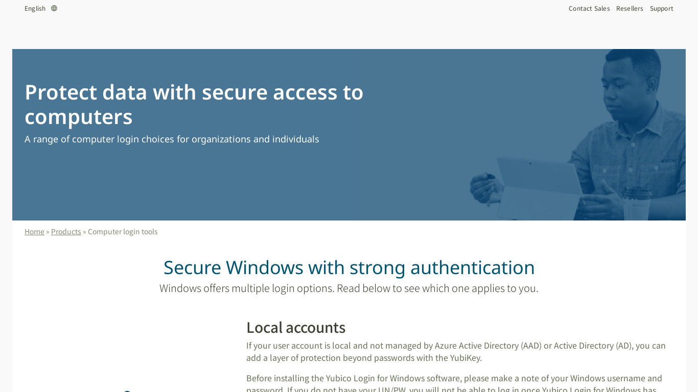 Yubico Login for Windows Landing page