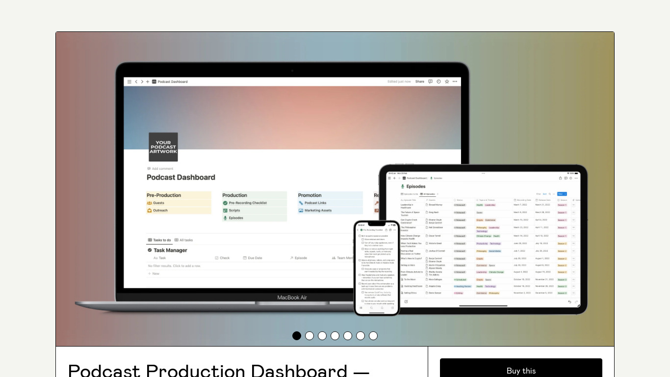 Podcast Production Dashboard Landing page