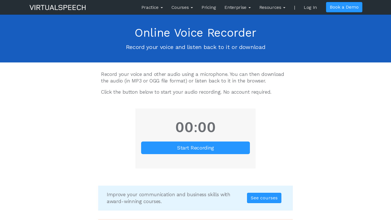 VirtualSpeech Online Voice Recorder Landing page