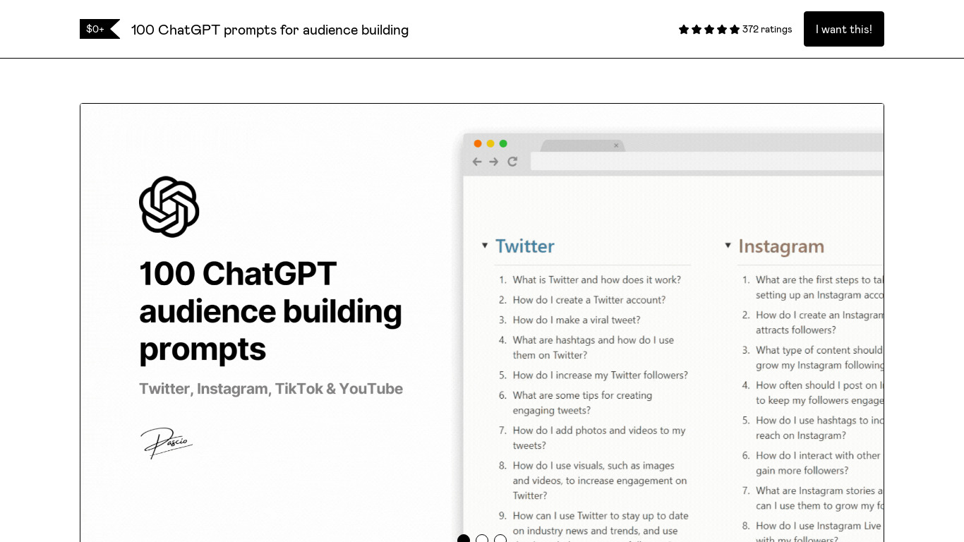 100 ChatGPT Audience Building Prompts Landing page