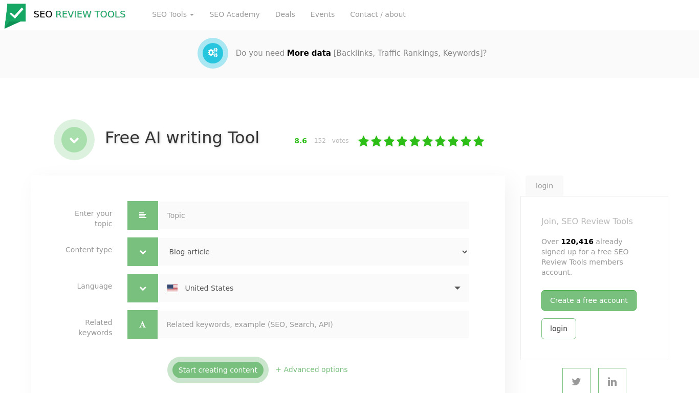 Free AI Writing Tool Landing page
