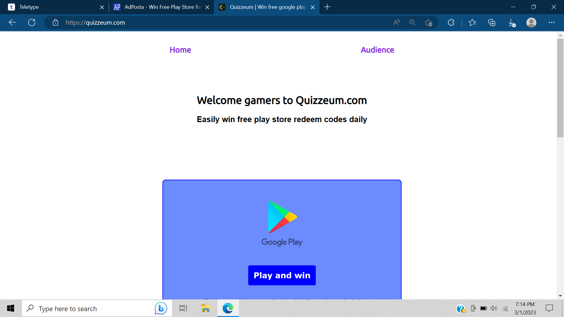 Quizzeum Landing page