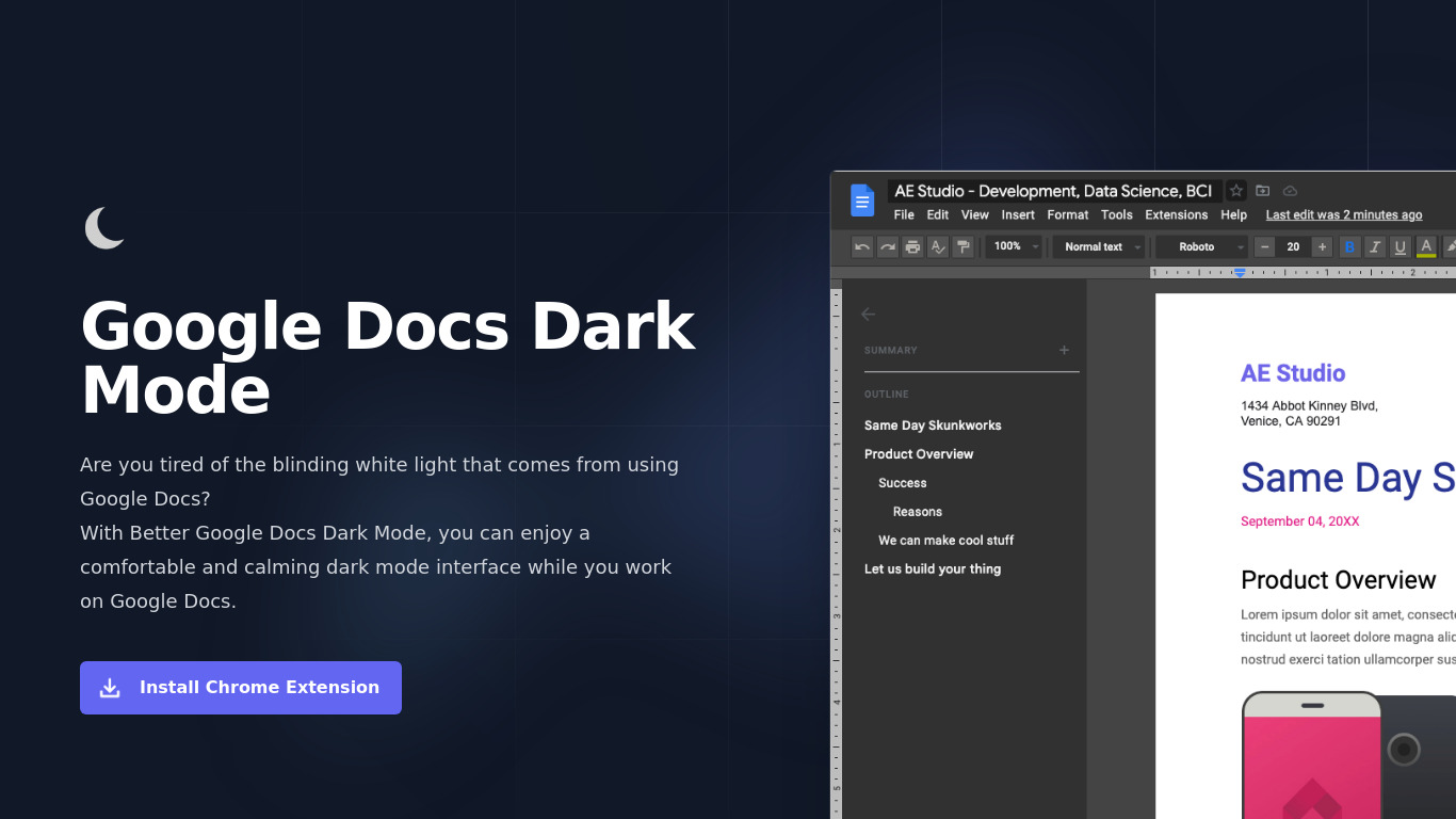 Better Google Docs Dark Mode Landing page