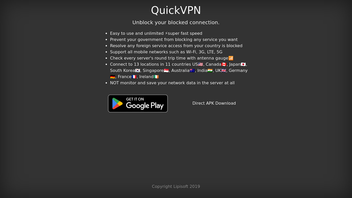 QuickVPN Landing page
