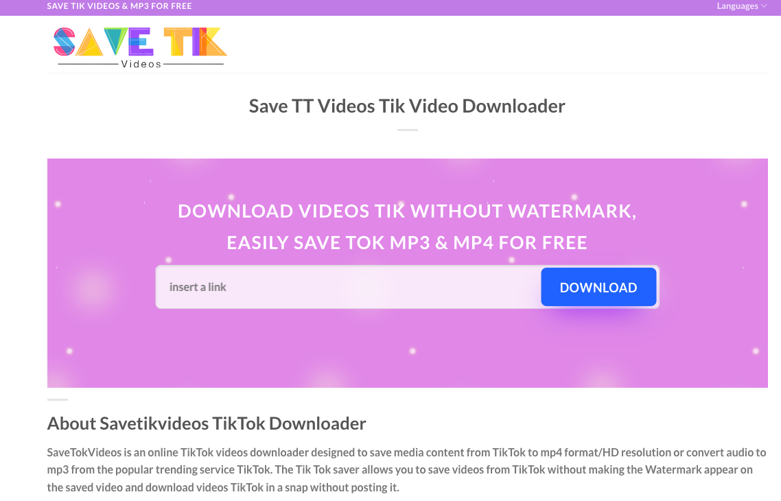 Save Tik Videos Landing page