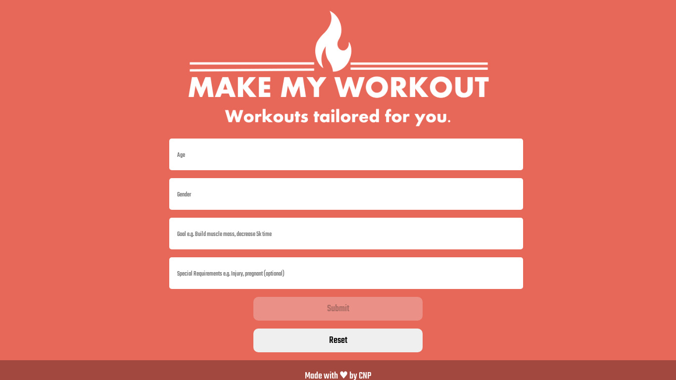 Make My Workout Landing page