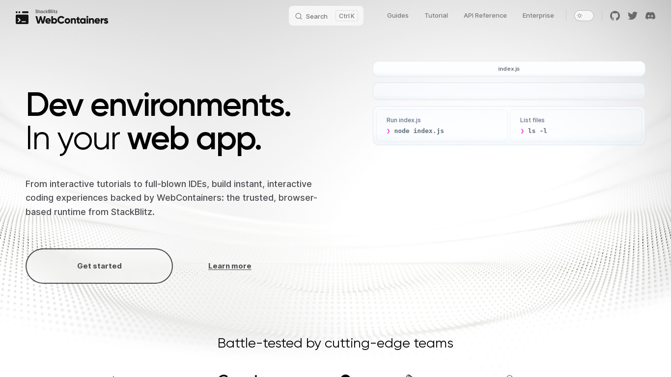 WebContainers.io Landing page