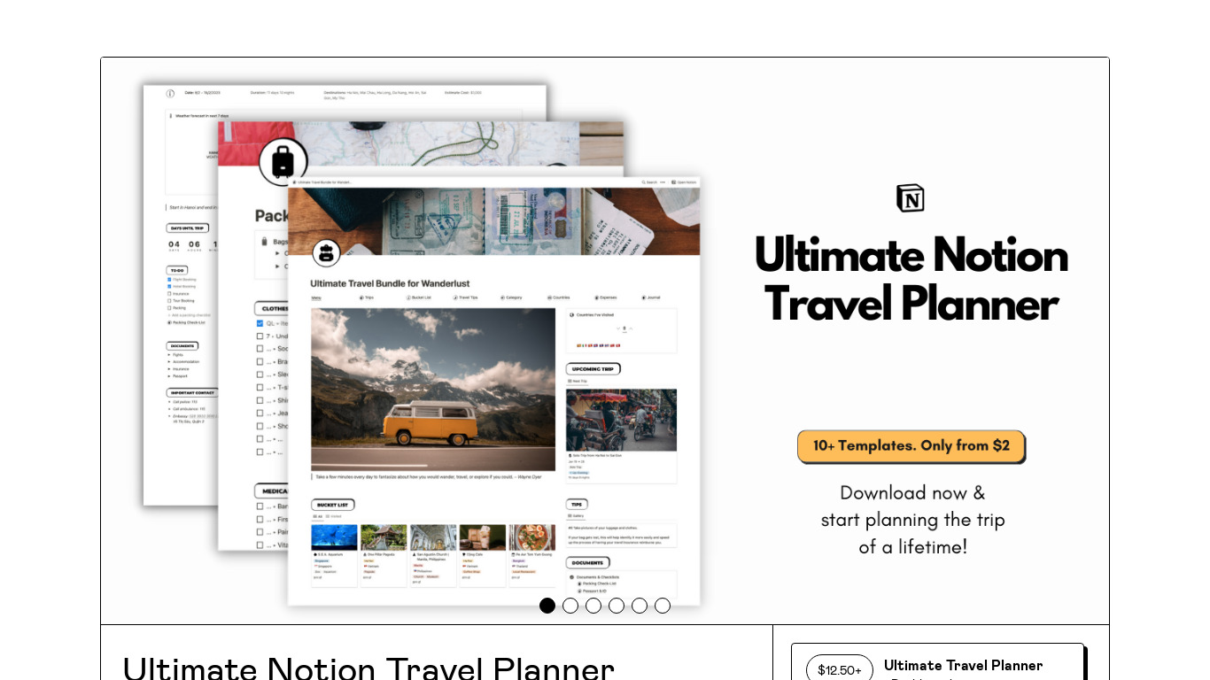 Ultimate Notion Travel Planner Landing page