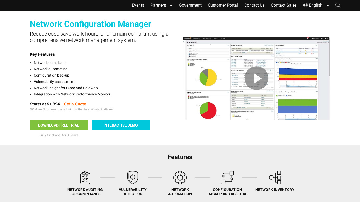 SolarWinds Network Configuration Manager (NCM) Landing page